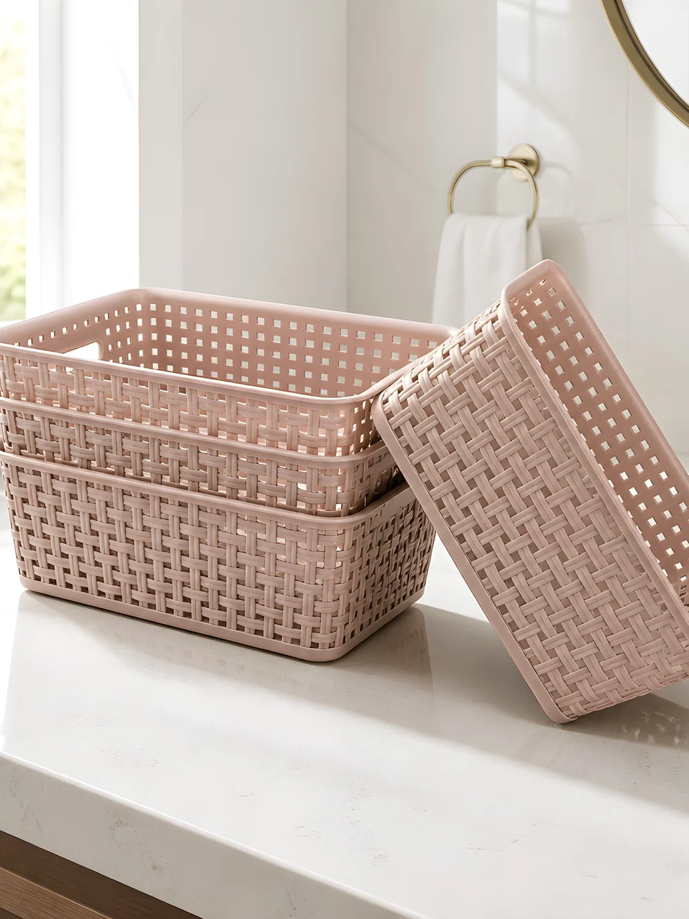 Blush Pink Woven Plastic Storage Baskets - Set of 4